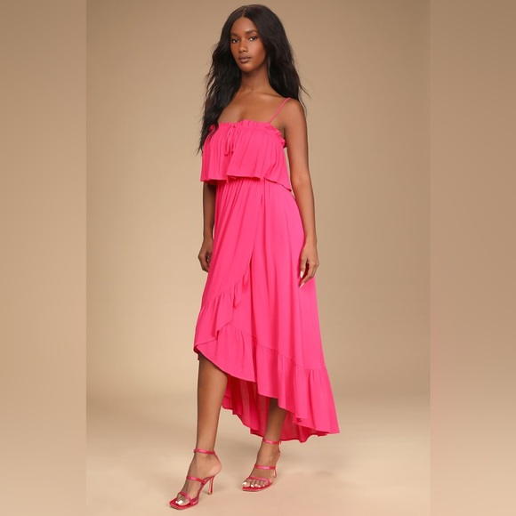 Lulus Sincerely Yours Magenta Ruffled Midi Dress - Picture 3 of 9